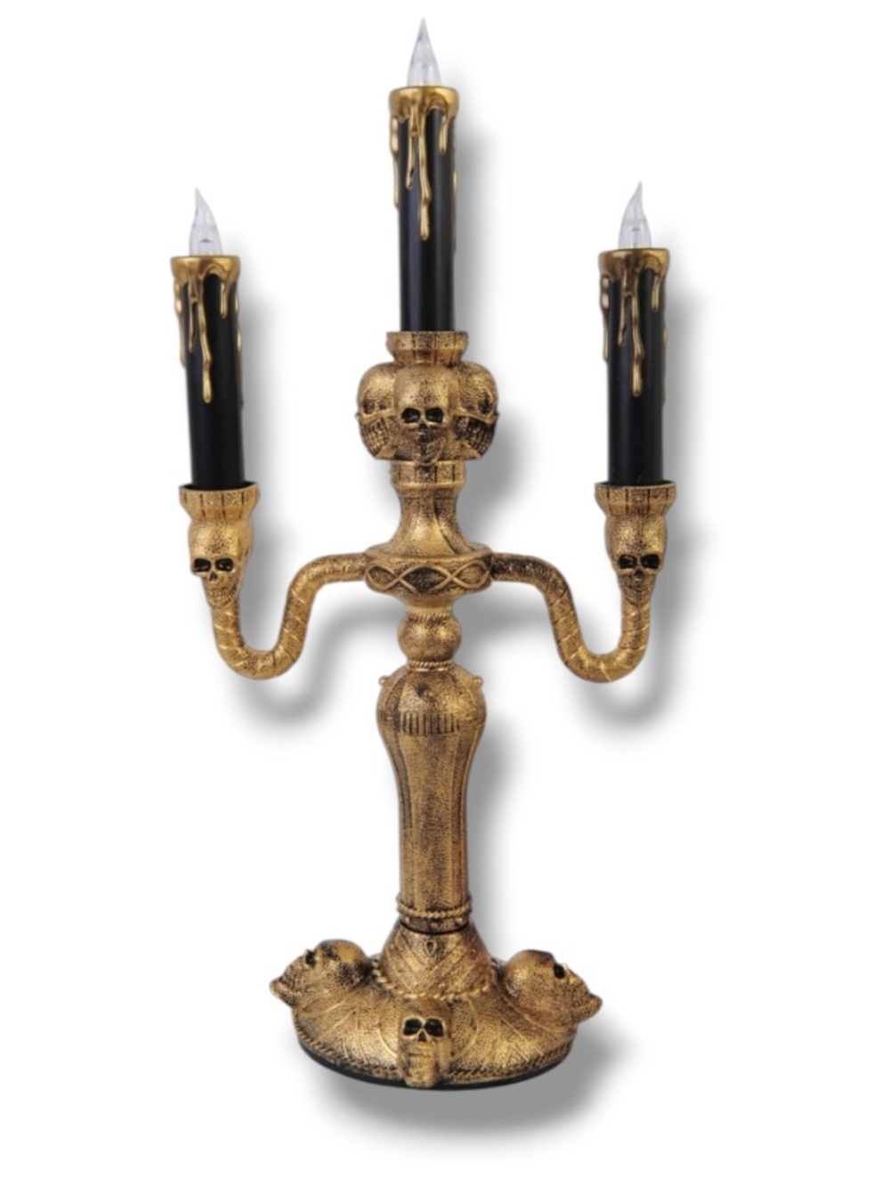 Way to Celebrate Gothic Gold Skull Candelabra Black Candles Halloween Decor NWOT